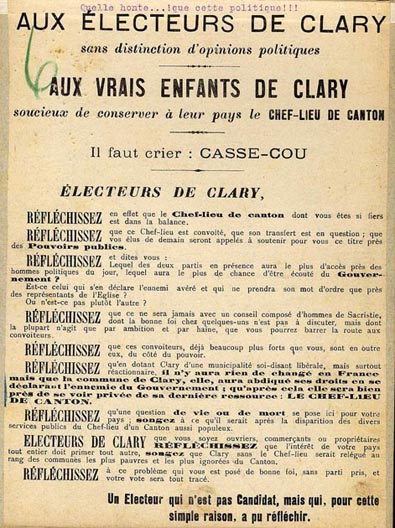 Quand les hommes de Sacristie vont priver Clary de chef-lieu de canton...selon un «non-candidat réfléchi» mais anonyme.